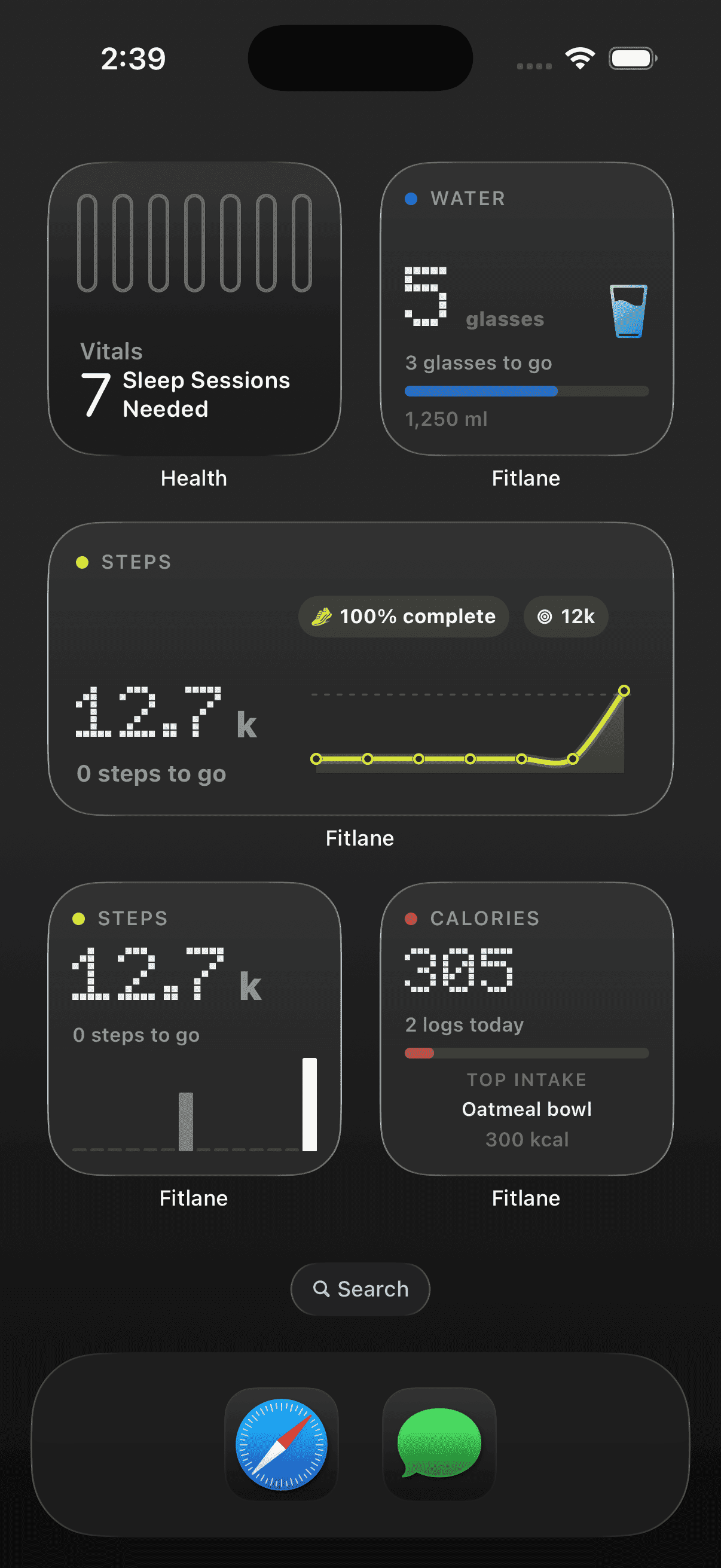 iPhone Home Screen showing Fitlane water, steps, and calories widgets