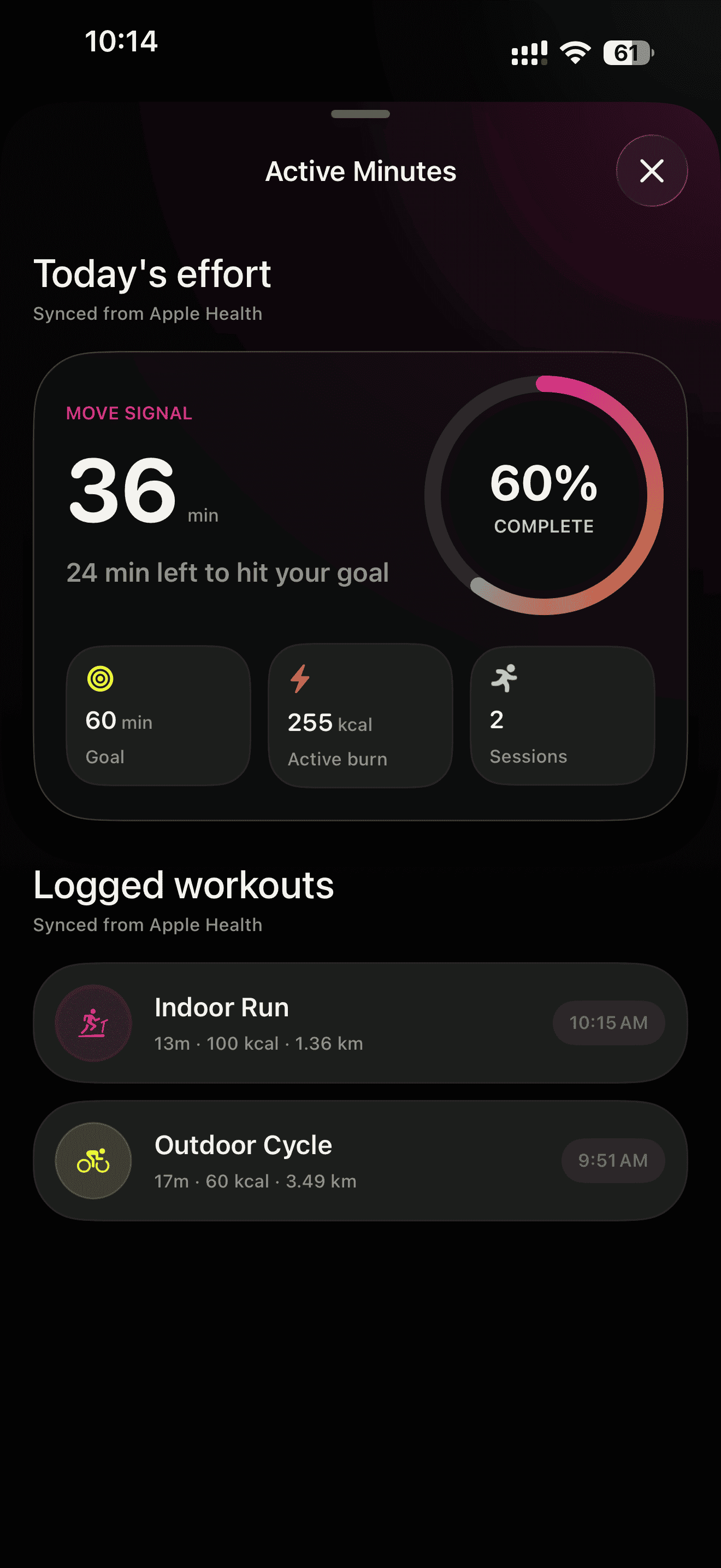 Fitlane active minutes screen with progress toward today’s move goal