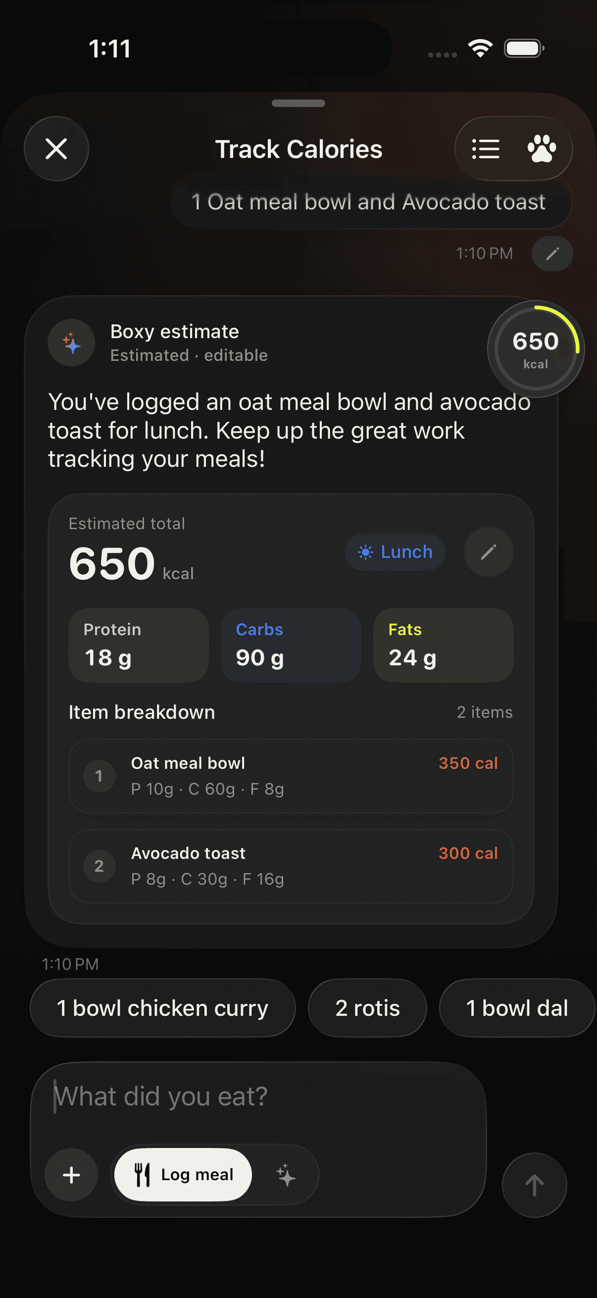 Boxy estimating a meal and presenting editable calories and macros