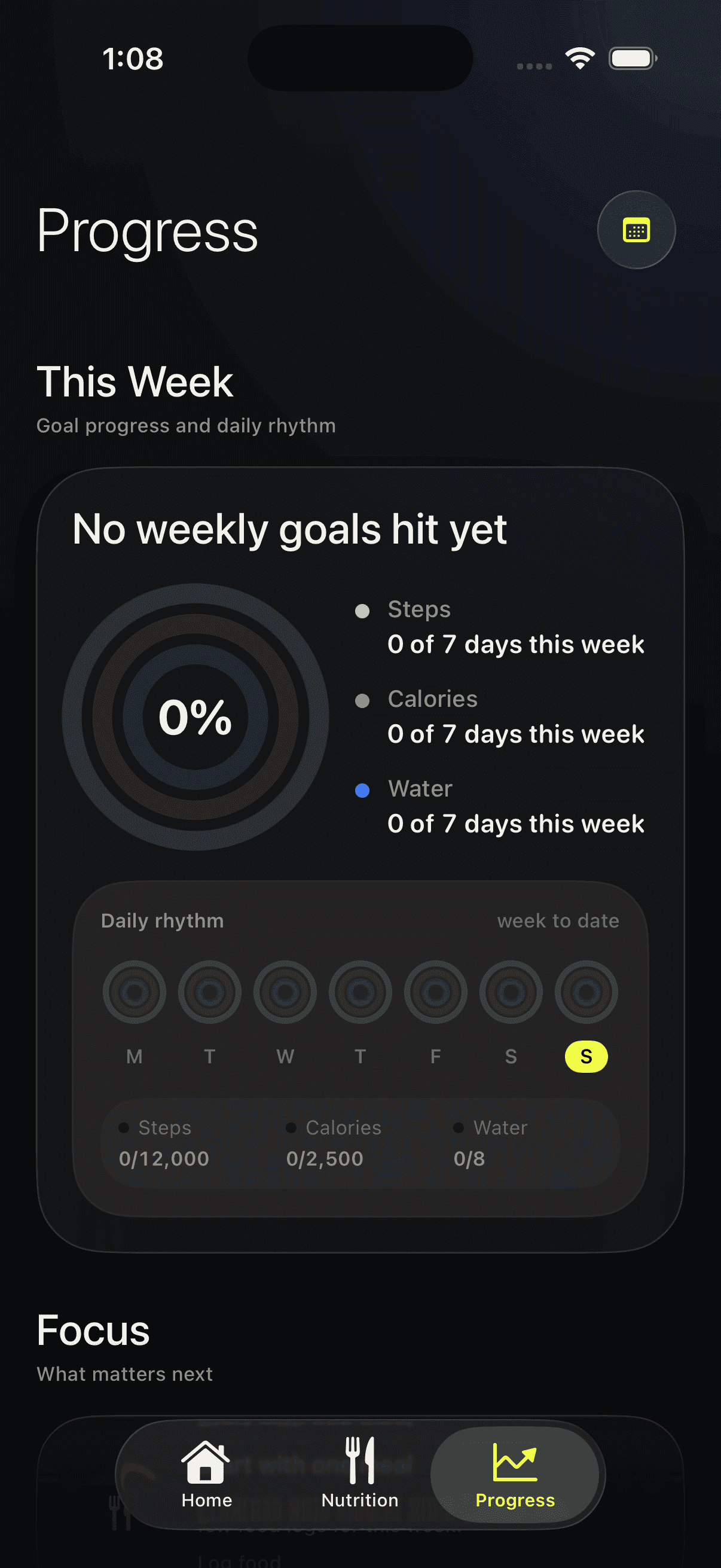 Fitlane weekly progress screen with activity rings and a daily rhythm map