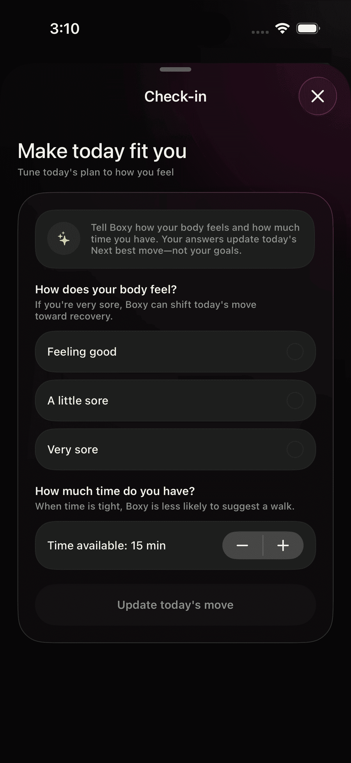 Fitlane check-in asking how the body feels and how much time is available