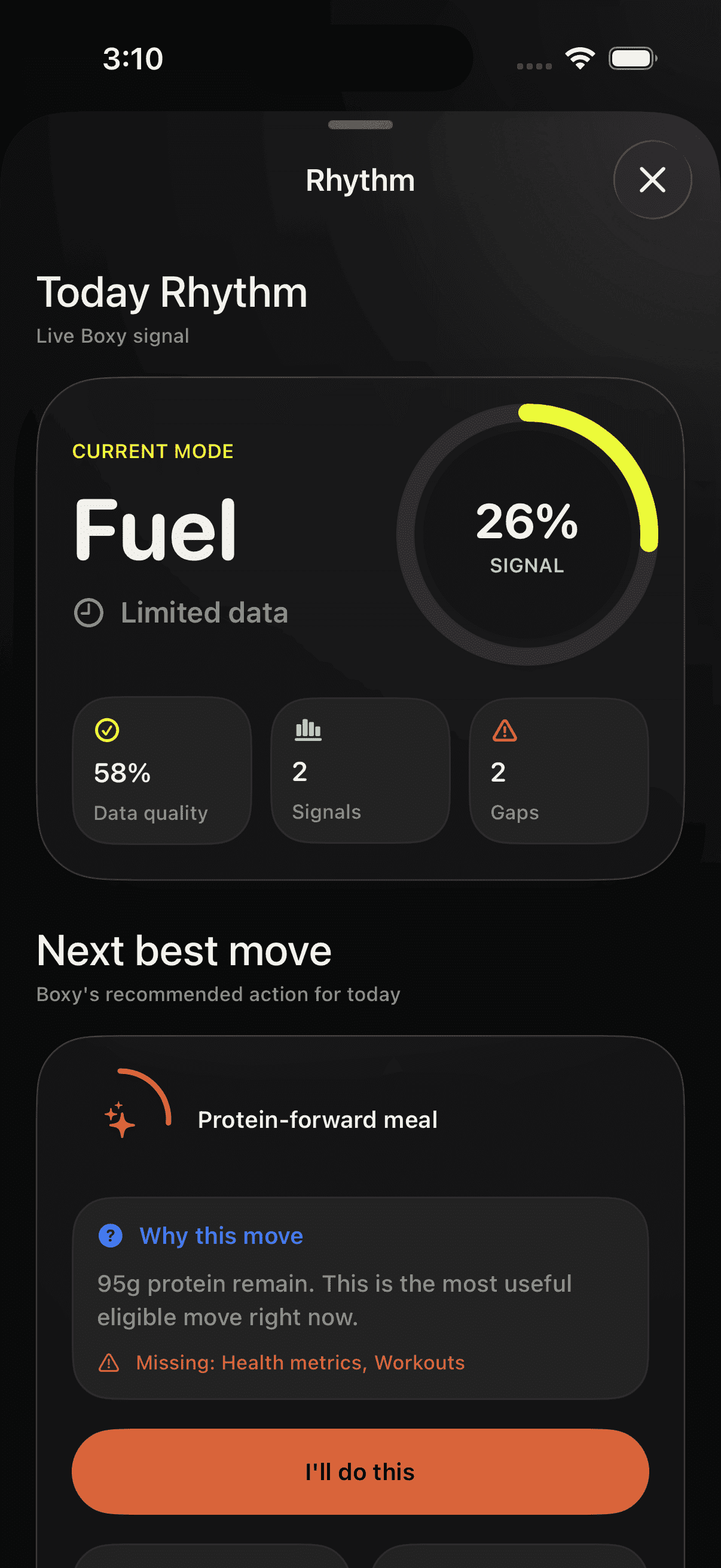 Fitlane Rhythm screen showing Fuel mode and its signal strength