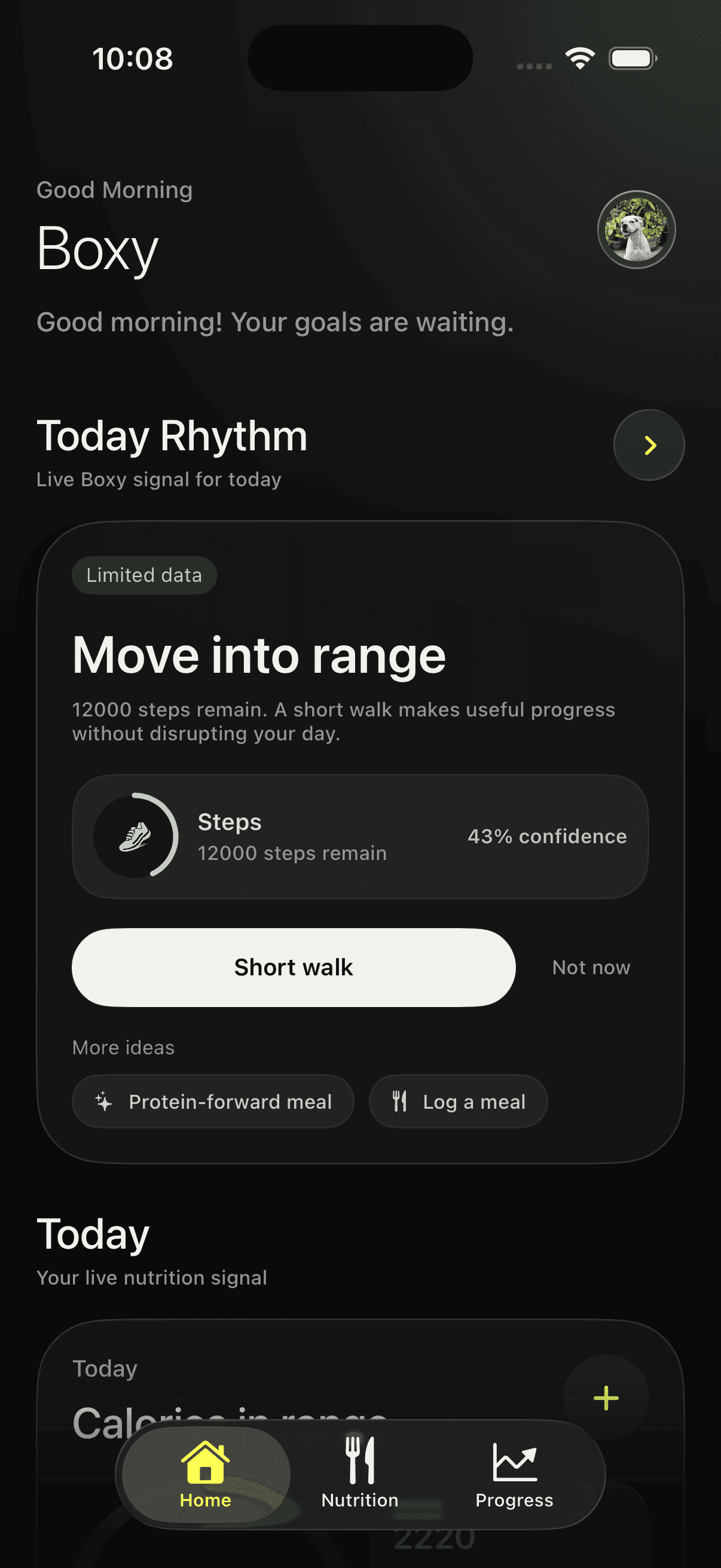 Fitlane home screen showing today's Fuel rhythm and a protein-forward meal recommendation