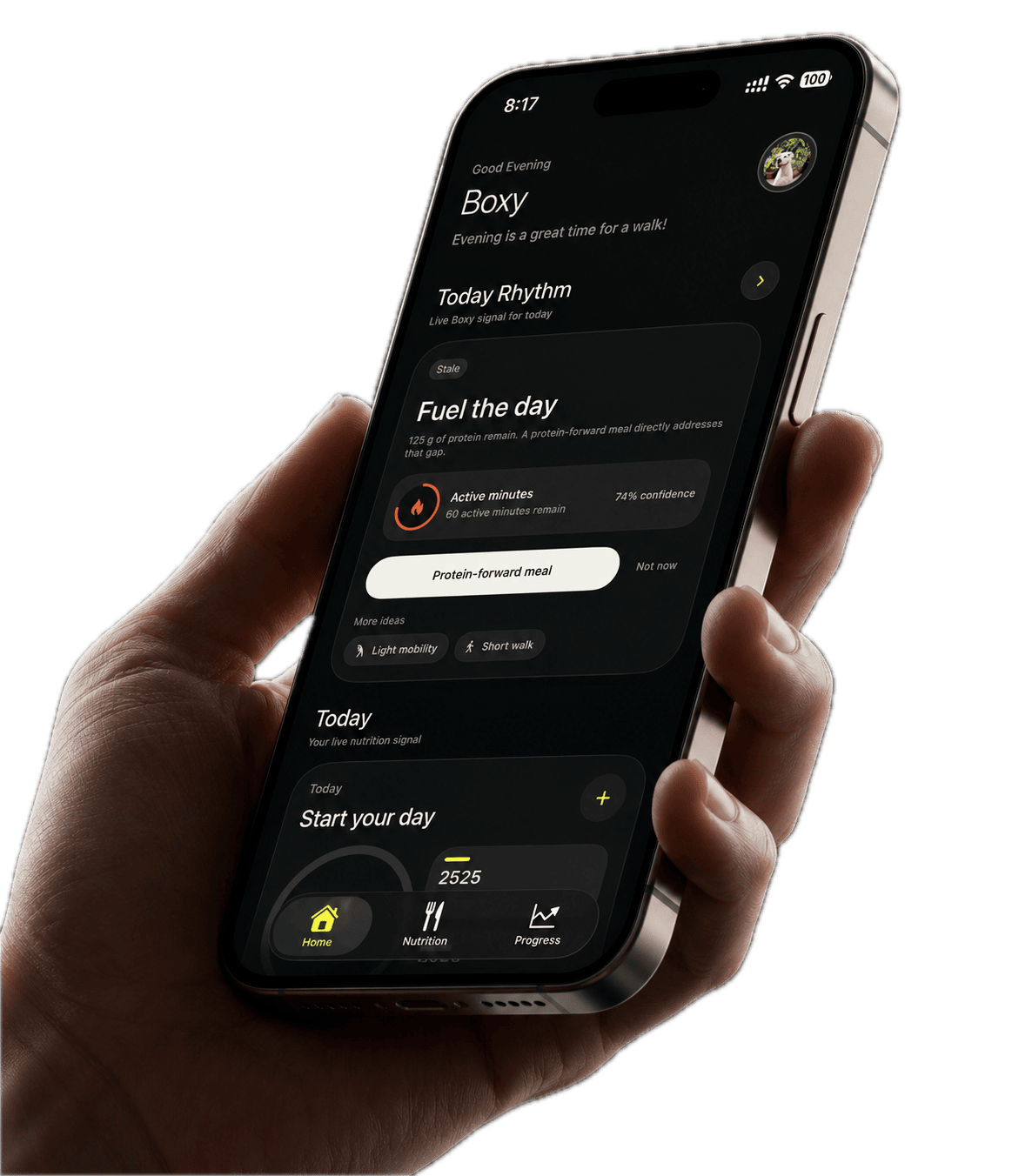 Hand holding an iPhone showing Fitlane's Today Rhythm with a protein-forward next move